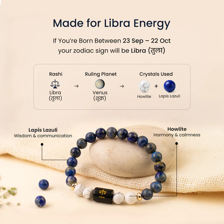 LIBRA (तुला राशि) ZODIAC LAPIS LAZULI AND HOWLITE BRACELET